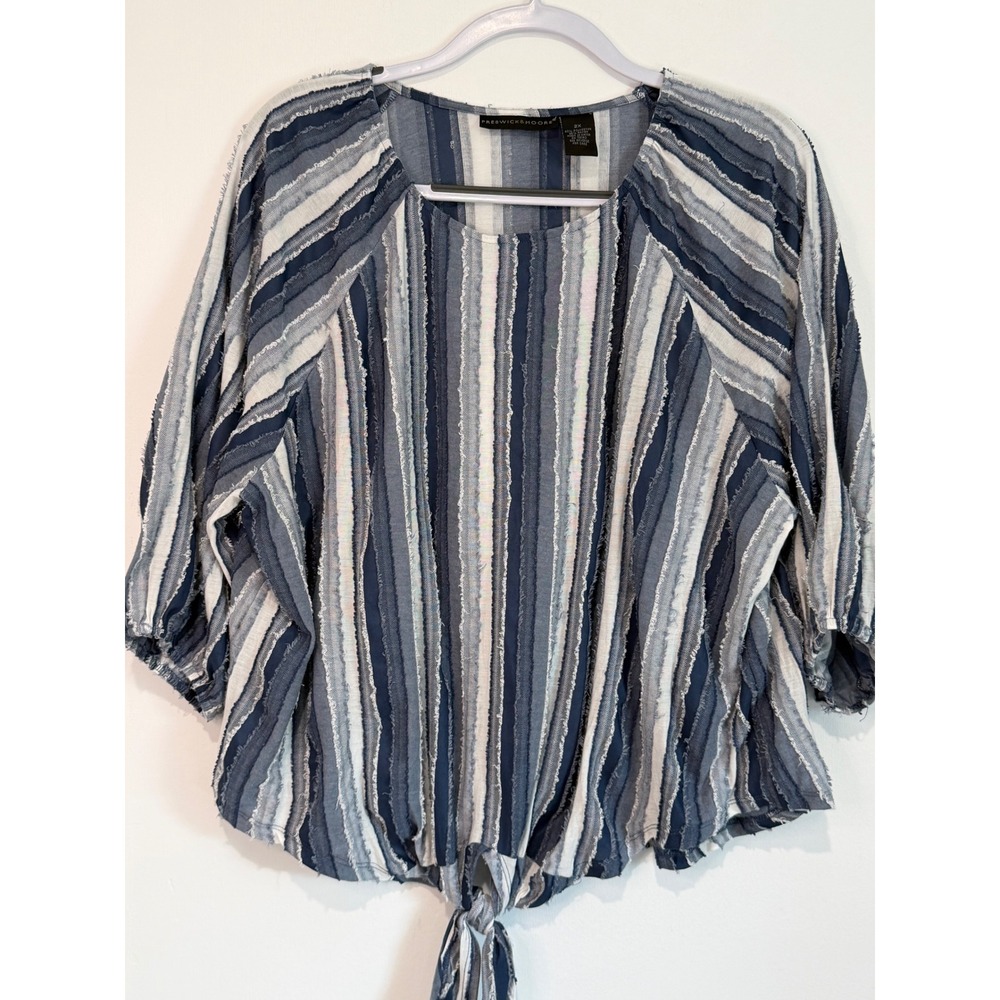Preswick & Moore 2X Blue White Striped Tie Front Fringed Blouse WPM192B
